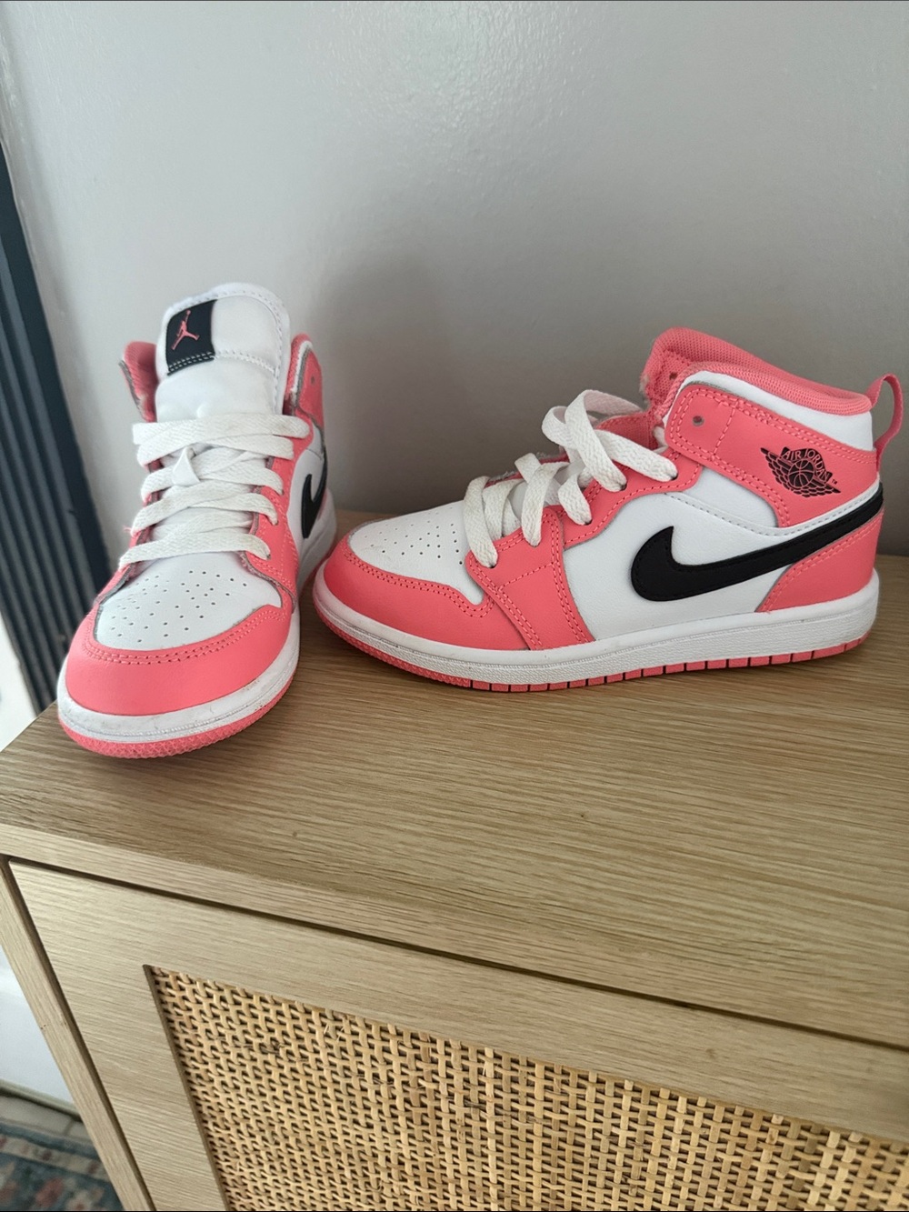 Nike Kids Pink and White High-Top Sneakers with Black Swoosh